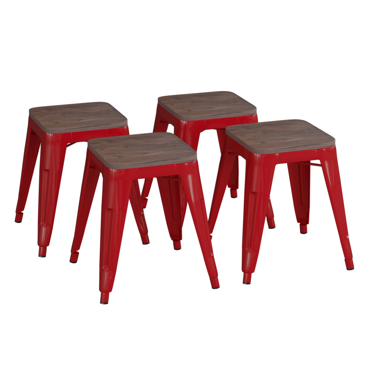 Flash Furniture 18" Backless Table Height Stool with Wooden Seat, Stackable Red Metal Indoor Dining Stool, Commercial Grade - Set of 4
